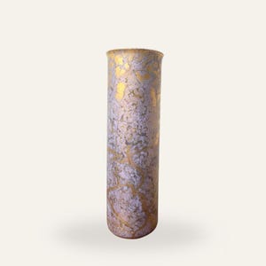 May include: A tall, cylindrical vase with a textured surface. The vase features a gold and silver metallic finish with a crackle pattern. The top rim is gold. The vase is approximately 10 inches tall.