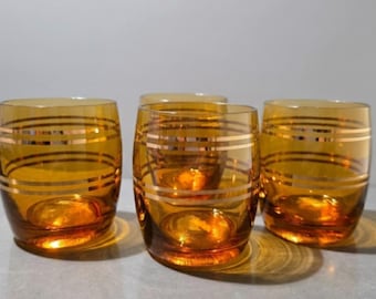 Conjunto de 4 copos de vidro âmbar, copos baixos de whisky estilo meados do século, acessórios vintage para carrinho de bar.