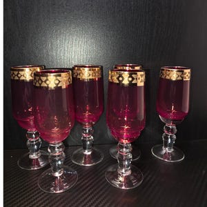 Vintage Ruby Red Shot Glasses, Gold Rim Barware, Set of 6