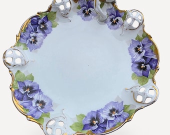 Tigela antiga Rosenthal Moliere Bavaria 1891–1906 | Decoração Viktoria Luise nº 25 | Prato de porcelana pintado à mão com estampa de amor-perfeito | Art Nouveau