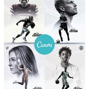 May include: A promotional graphic featuring four athletes from different sports. The image includes a football player, a soccer player, a volleyball player, and a basketball player. The word "Canva" is in the centre of the image.