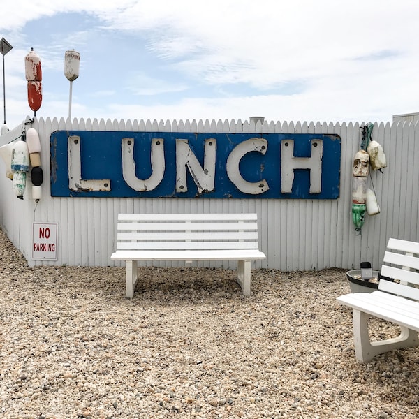 Vintage Coastal Lunch Sign – Nautical Hamptons Art Print with Lobster Buoys