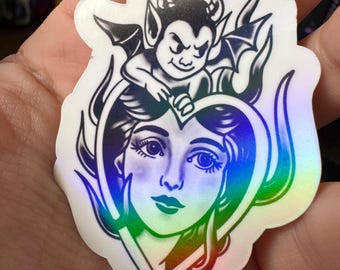 Lady and devil Vinyl Waterproof Sticker American Traditional