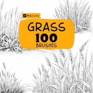 May include: Black and white illustrations of various grass and wheat designs. A bright orange rectangle displays the text "GRASS 100 BRUSHES" with the Procreate logo in the upper left corner. The image is suitable for digital art.