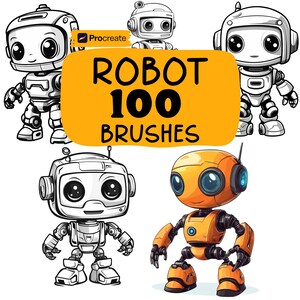 May include: An illustration featuring several cartoon robots in various poses. The robots are primarily white and orange, with large, expressive eyes. The image includes the text "ROBOT 100 BRUSHES" on a yellow background, with a Procreate logo.