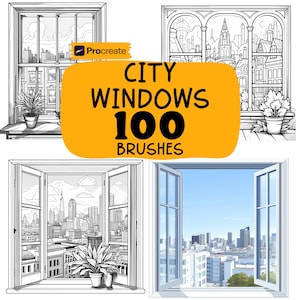 May include: A collection of four window illustrations, each depicting a different city view. The images are in black and white, with the text "CITY WINDOWS 100 BRUSHES" on a yellow background. The Procreate logo is also visible.