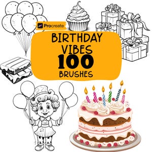 Könnte beinhalten: Schwarz-Weiß-Illustration mit Geburtstagselementen. Enthält einen mehrstöckigen Kuchen mit Kerzen, Luftballons, Geschenken, einen Cupcake und eine Cartoonfigur, die Luftballons hält. Der Text "BIRTHDAY VIBES 100 BRUSHES" wird auf orangefarbenem Hintergrund angezeigt.