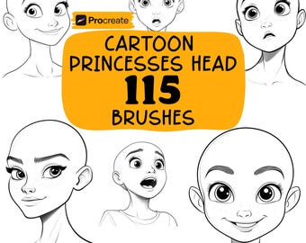 Pinceles base para cabeza de princesas de dibujos animados de Procreate, 120 sellos para retratos de princesas de dibujos animados de Procreate, poses humanas y femeninas, caras de chicas de dibujos animados.