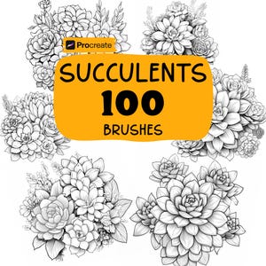 Pode incluir: Ilustrações a preto e branco de suculentas. A imagem inclui o texto "Succulents 100 Brushes" num fundo laranja, juntamente com o logótipo Procreate.
