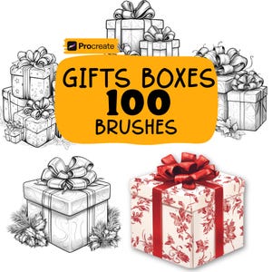 Può includere: Illustrazione di scatole regalo con fiocchi, alcune in bianco e nero, e una con un motivo floreale rosso. L'immagine include il testo "Gifts Boxes 100 Brushes" e il logo Procreate.