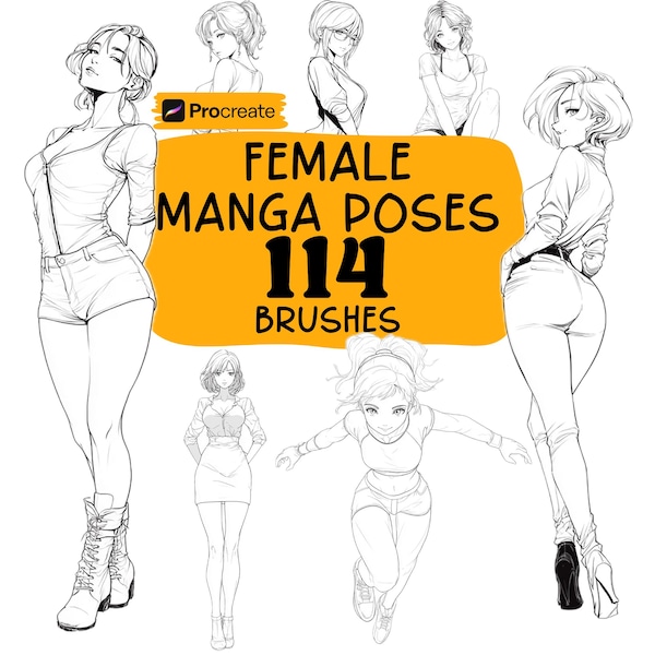 Procreate Manga Female Characters Brushes, 114 Manga Female Poses Procreate Stamps, Human, Female Poses, Cartoon Girls, Manga Expressions