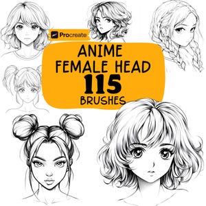 Könnte beinhalten: Digitale Procreate-Pinsel für Anime-Frauenkopf-Illustrationen. Das Bild zeigt verschiedene Anime-Frauenkopfzeichnungen mit unterschiedlichen Frisuren. Der Text auf dem Bild lautet "ANIME FEMALE HEAD 115 BRUSHES".
