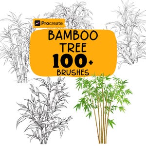 Puede incluir: Pinceles de arte digital para Procreate con árboles de bambú. La imagen incluye una variedad de ilustraciones de bambú, algunas en arte lineal en blanco y negro y una en color. El texto de la imagen dice "BAMBOO TREE 100+ BRUSHES".