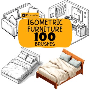 Peut inclure: Brosses de meubles isométriques pour Procreate. L'image montre un canapé blanc, un bureau et deux lits. Le texte sur l'image indique "Isometric Furniture 100 Brushes".