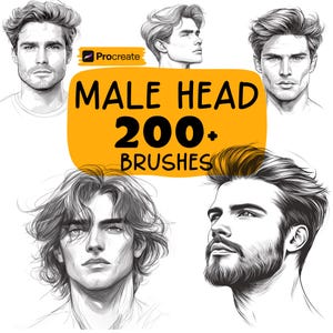 Könnte beinhalten: Digitale Illustration mit Skizzen von Männerköpfen in Schwarzweiß. Das Bild enthält den Text "MALE HEAD 200+ BRUSHES" auf gelbem Hintergrund, mit dem Procreate-Logo.