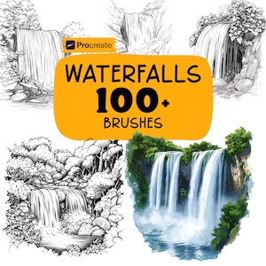 May include: An image showcasing digital art brushes for the Procreate app, featuring various waterfall illustrations. The image includes the text "WATERFALLS 100+ BRUSHES" on a yellow background, with examples of waterfall art in both color and black and white.