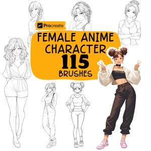 Könnte beinhalten: Digitale Kunst mit Illustrationen weiblicher Anime-Charaktere. Ein gelbes Banner zeigt "FEMALE ANIME CHARACTER 115 BRUSHES" und das Procreate-Logo. Die Illustrationen zeigen verschiedene Posen und Stile, mit farbigen und schwarz-weißen Beispielen.