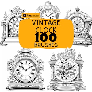 Könnte beinhalten: Schwarz-Weiß-Illustration von fünf antiken Uhren mit aufwendigen Designs. Die Uhren haben römische Ziffern und verzierte Rahmen. Der Text "VINTAGE CLOCK 100 BRUSHES" und das Procreate-Logo deuten auf digitale Kunstwerkzeuge hin.