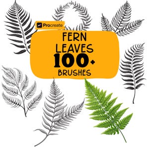 May include: An assortment of fern leaf illustrations in black and white, and a vibrant green fern leaf. The image includes a yellow banner with the text "FERN LEAVES 100+ BRUSHES" and the Procreate logo, suggesting digital art brushes.