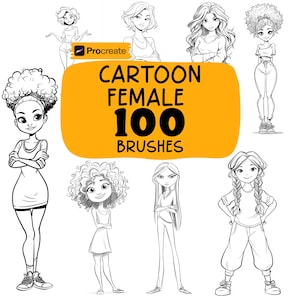 Procreate Cartoon Female Characters Brushes, 100+ Cartoon Girls Procreate Stamps, Human, Female Poses, Cartoon Girls, Chibi, Kawaii Female