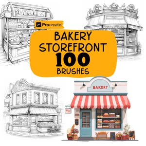 Puede incluir: Imagen que muestra cuatro ilustraciones de escaparates de panaderías. La imagen incluye el texto "Bakery Storefront 100 Brushes" en una pancarta amarilla. Las ilustraciones están en blanco y negro y en color, representando varios diseños de panaderías.