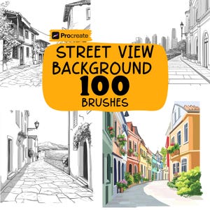 May include: An advertisement for digital art brushes for the Procreate app, showcasing street view backgrounds. The image displays a variety of street scenes in colour and monochrome, with the text "STREET VIEW BACKGROUND 100 BRUSHES".