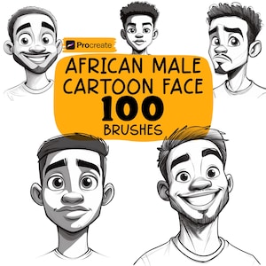 Puede incluir: Conjunto de arte digital con cinco ilustraciones de dibujos animados en blanco y negro de rostros masculinos africanos. La imagen incluye el texto "African Male Cartoon Face 100 Brushes" con el logotipo de Procreate.