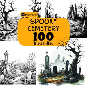 May include: A digital art set featuring spooky cemetery illustrations. The image includes various scenes of cemeteries with tombstones, trees, and a church. The text on the image says "Spooky Cemetery 100 Brushes".