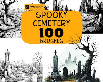 Puede incluir: Conjunto de arte digital con ilustraciones de cementerios espeluznantes. La imagen incluye varias escenas de cementerios con lápidas, árboles y una iglesia. El texto en la imagen dice "Spooky Cemetery 100 Brushes".