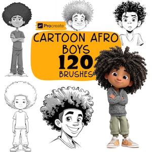 May include: An image featuring cartoon illustrations of boys with afro hairstyles. The image includes a Procreate logo and text that reads "CARTOON AFRO BOYS 120 BRUSHES". The illustrations are in both color and black and white.