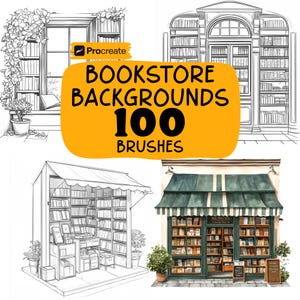 May include: An image featuring four bookstore background illustrations. The image includes a window with books, a building facade with bookshelves, a small outdoor bookstore, and a bookstore with a green awning. The text on the image says "Bookstore Backgrounds 100 Brushes."