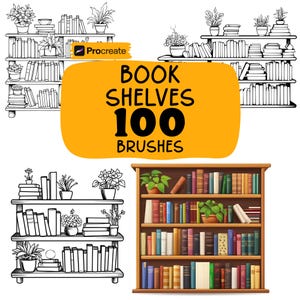 Könnte beinhalten: Ein Bild mit Bücherregalen, einige in Schwarzweiß-Strichzeichnungen und eines in Farbe. Das Bild enthält den Text "BOOK SHELVES 100 BRUSHES" auf gelbem Hintergrund und ein Procreate-Logo.
