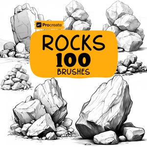 May include: Digital art brushes for Procreate featuring 100 rock designs. The image showcases various grayscale illustrations of rocks and rock formations. A yellow banner displays the text "ROCKS 100 BRUSHES" with the Procreate logo.