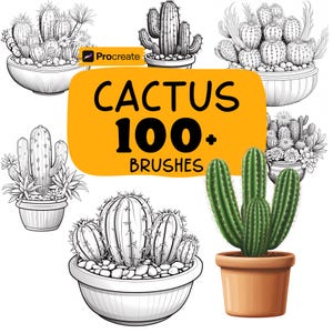 May include: An illustration featuring various cactus plants in pots, some in grayscale and one in color. A large orange banner displays the text "CACTUS 100+ BRUSHES" in bold black letters, suggesting digital art tools.