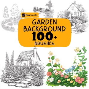 May include: An image featuring a Procreate logo with the text "GARDEN BACKGROUND 100+ BRUSHES" on an orange background. The image includes illustrations of garden scenes, including a house, stone paths, and flowers.