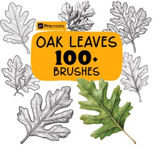 May include: A collection of digital oak leaf brushes for Procreate, presented in a variety of styles. Some leaves are monochrome, others are green. The image includes the text "OAK LEAVES 100+ BRUSHES", indicating a large set of digital art tools.