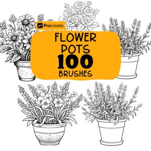 May include: Black and white line art of various potted flowers, including roses, sunflowers, and lavender. The image features the text "FLOWER POTS 100 BRUSHES" on an orange background, with the Procreate logo in the upper left corner.
