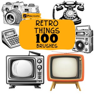 Può includere: Illustrazione di oggetti retrò: macchina fotografica, telefono a disco, calcolatrice, radio e due televisori vintage. L'immagine include il testo "Retro Things 100 Brushes" su sfondo giallo. Lo stile è in bianco e nero con accenti arancioni.