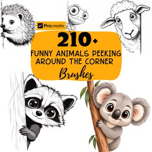 May include: A digital collection of 210+ Procreate brushes featuring black and white line art illustrations of a hedgehog, a lizard, a sheep, a raccoon, and a koala, all depicted peeking around corners with the text 210+ FUNNY ANIMALS PEEKING AROUND THE CORNER Brushes.