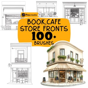 Op de afbeelding: Illustratie van boek- en cafégevels, gepresenteerd in zowel kleur als lijntekeningen. De afbeelding bevat de tekst "BOOK, CAFE STORE FRONTS 100+ BRUSHES" en een Procreate-logo.