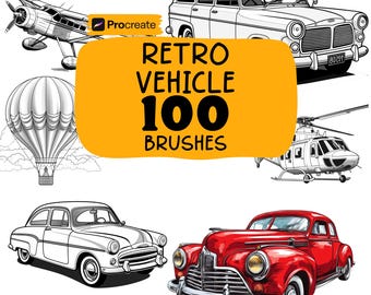 Op de afbeelding: Een illustratie met verschillende retro voertuigen, waaronder een vliegtuig, een heteluchtballon, een stationwagen, een helikopter, een klassieke auto en een rode oldtimer. De afbeelding bevat de tekst "Retro Vehicle 100 Brushes".