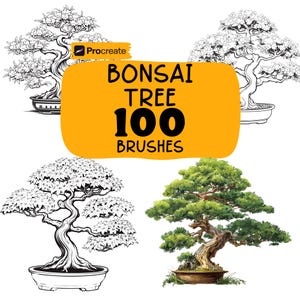 May include: An image featuring four bonsai trees, with three black and white line drawings and one colour photograph. The image includes the text "BONSAI TREE 100 BRUSHES" on a yellow background, along with a Procreate logo.