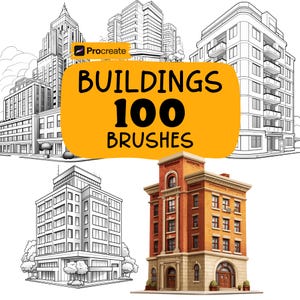 Puede incluir: Imagen que muestra ilustraciones de edificios de varios estilos, incluyendo rascacielos y edificios de apartamentos. El texto "BUILDINGS 100 BRUSHES" se muestra sobre un fondo amarillo, lo que sugiere un producto de arte digital. Los edificios son en color y en blanco y negro.