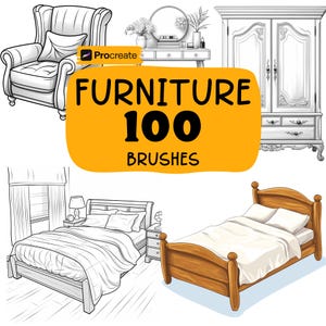 May include: An illustration featuring various furniture items, including a wingback chair, a dresser with a mirror, a wardrobe, and two beds. The image also includes the text "FURNITURE 100 BRUSHES" in a yellow banner, and the Procreate logo.