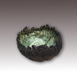 Raw Earth Ceramic Statement Bowl, Hand-Sculpted Textured Pottery, Irregular Edged Green and Black Serving Bowl
