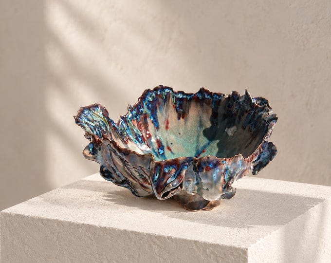 Featured listing image: Abyssal Blooms, large ceramic bowl, blue and celadon glaze