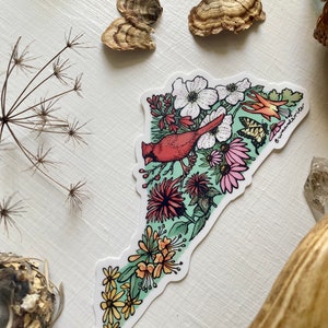 May include: A sticker featuring a green and white outline of a state with a red cardinal bird, white flowers, pink flowers, yellow flowers, and butterflies. The sticker has the text "@wanderwriter" in the bottom right corner.