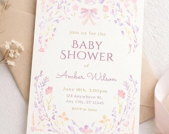 Floral Baby Party Einladung Vorlage | Mädchen Aquarell Blumen-Babyparty einladen | Bearbeitbare druckbare Einladung