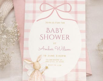 Fee-Häschen-Babyparty-Einladungsvorlage | Mädchen rosa Gingham Babyparty einladen | Bearbeitbare druckbare Einladung
