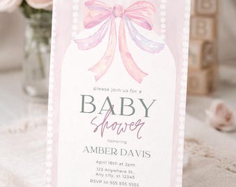 Mädchen-Babyparty-Einladungs-Vorlage | Rosa Schleife Babyparty einladen | Bearbeitbare druckbare Einladung